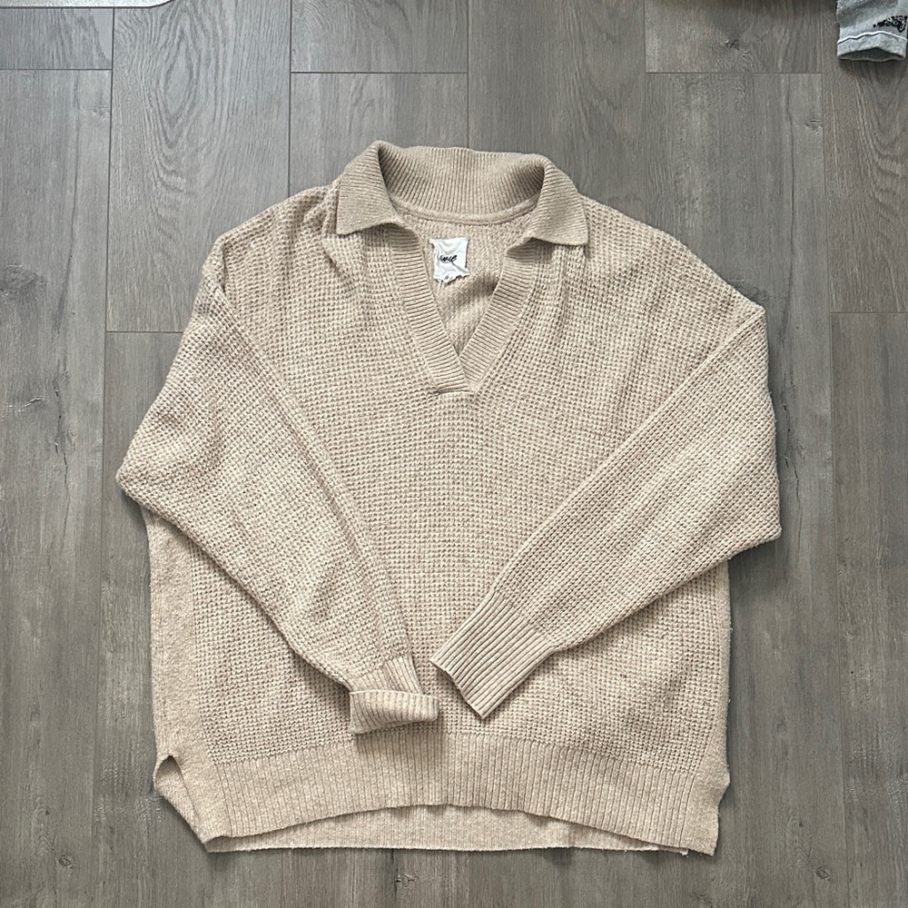 Oversized Cream Knit Collared V-Neck Sweater